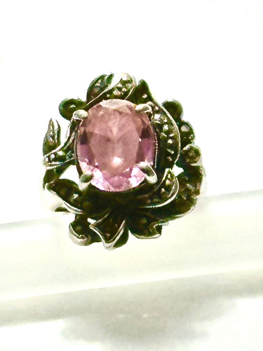 Vintage Sterling Silver Pink Citrine Marcasite Art Deco Floral Cocktail Ring